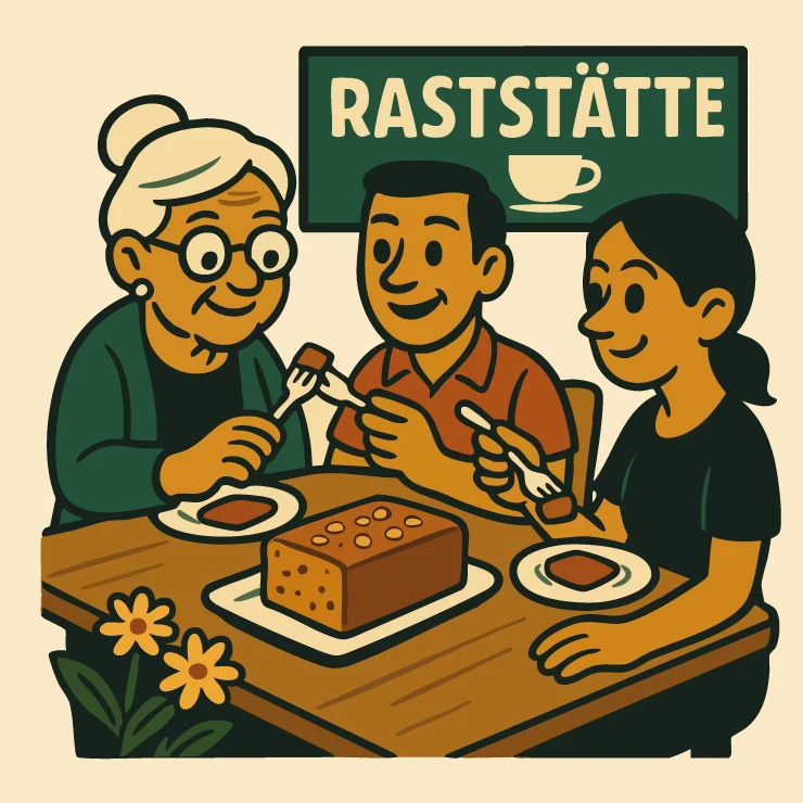 Oma Greta und Gäste essen Nusskuchen in der Raststätte